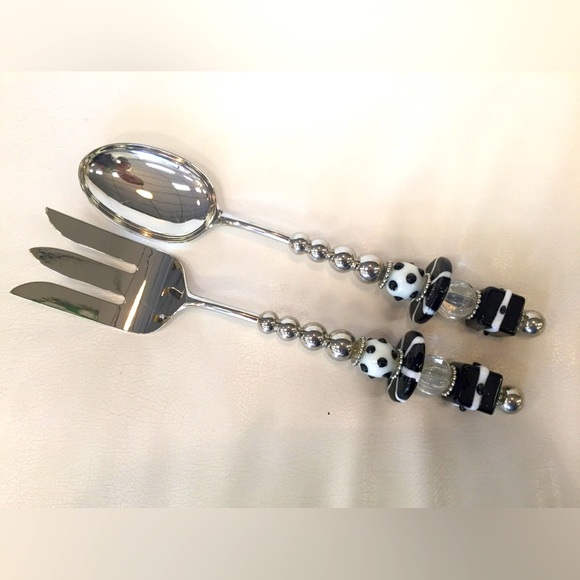 Mud Pie Serving Set Salad Utensils Metal Spoon Fork Art Glass Bead Handle MCM LG - Picture 1 of 13
